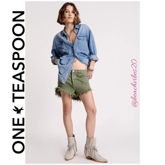 ONE TEASPOON Outlaws Low Waist Mid Length Denim Shorts Military Khaki 30 NWT - Picture 1 of 7